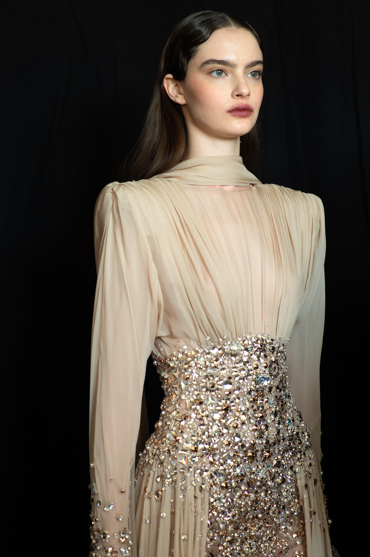 Model Vira Boshkova poses backstage prior to the Zuhair Murad Haute Couture Fall/Winter 2025/2026 show