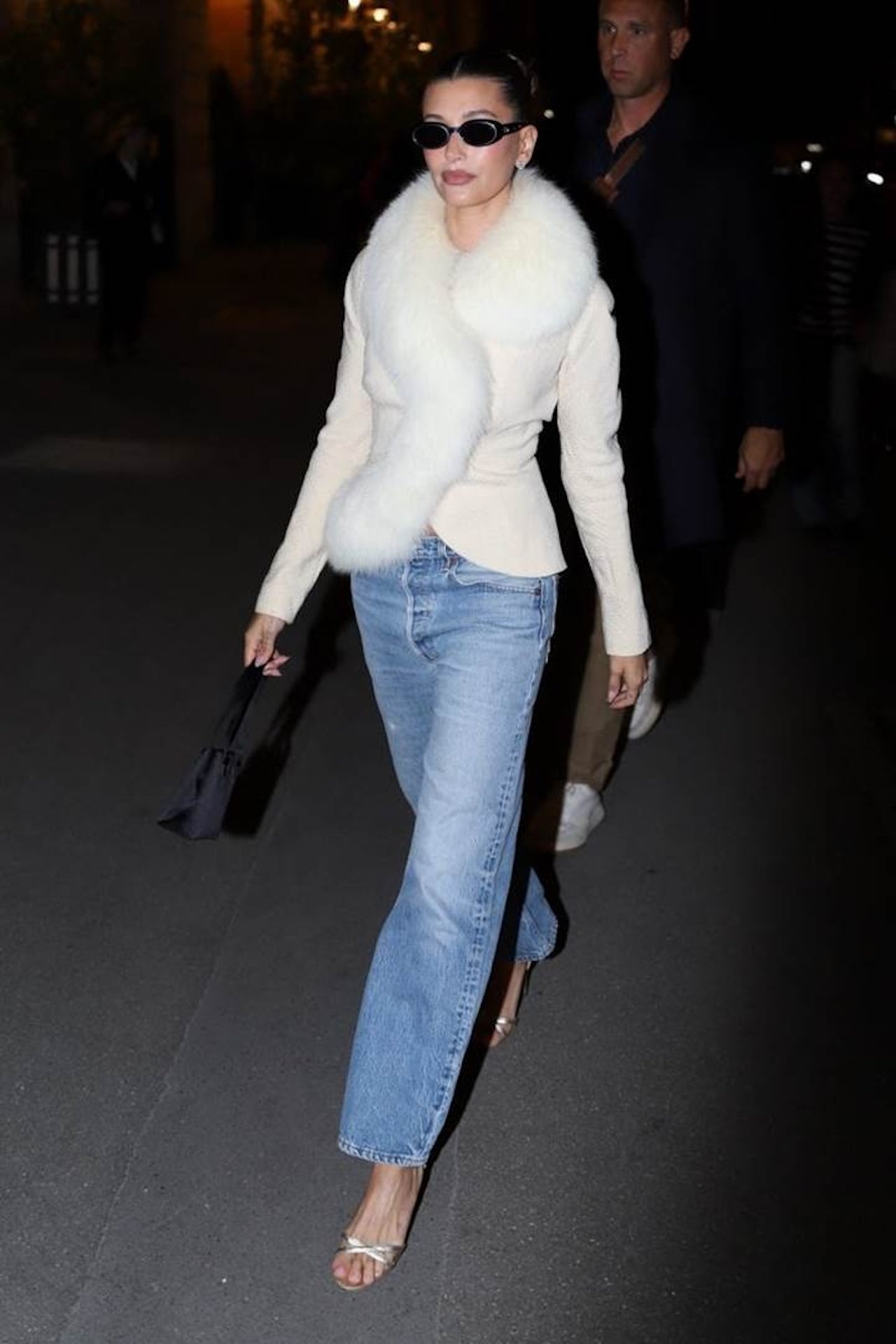 Hailey Bieber fur trim jacket look