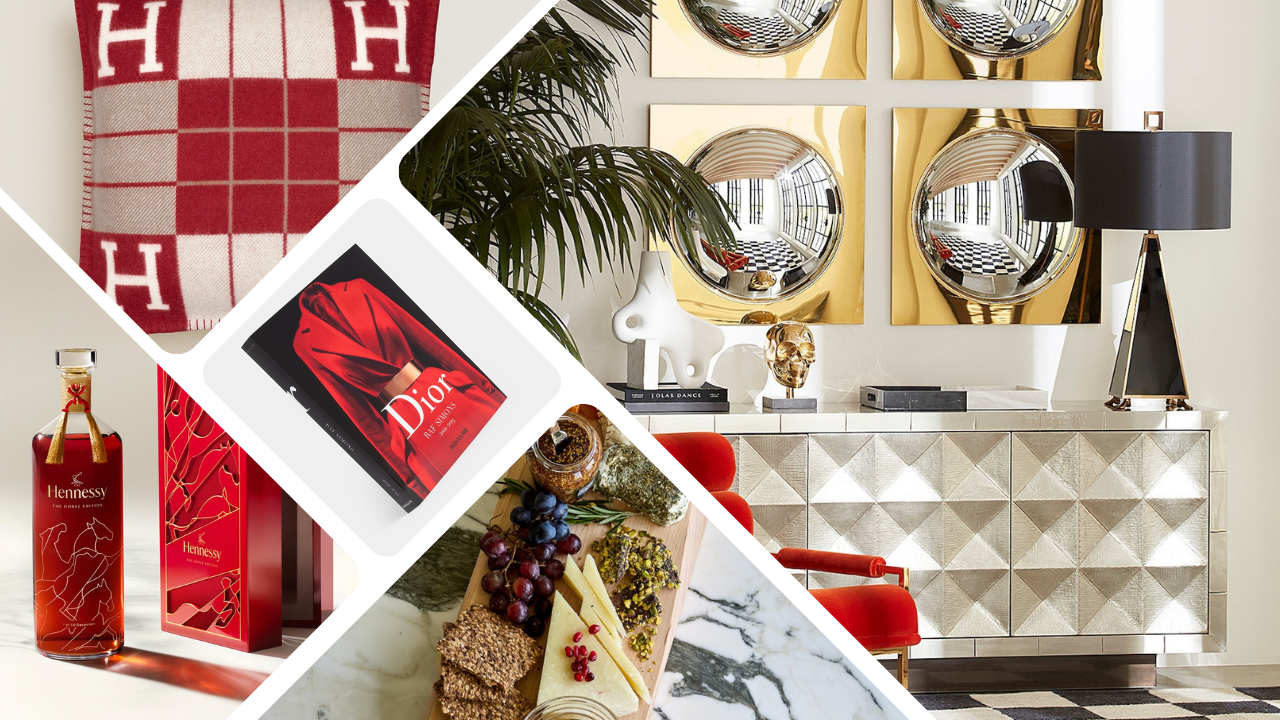 Lifestyle Holiday Gift Guide 2025; Pictured (clockwise): Hermès, Jonathan Adler, LOSTINE, Hennessy, Assouline