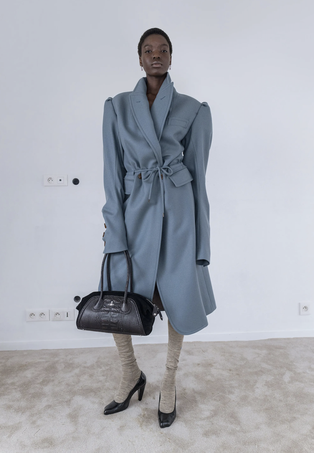 Powder blue coat with cinched waist