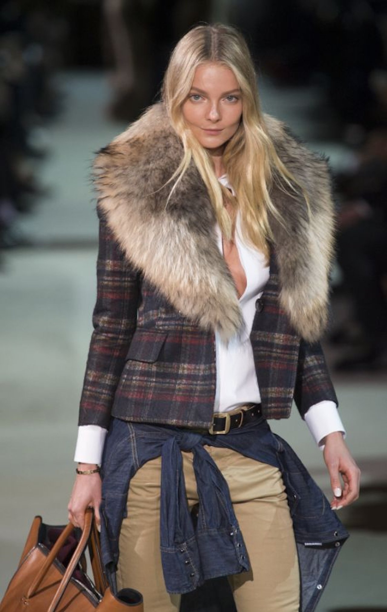Plaid coat with fur collar