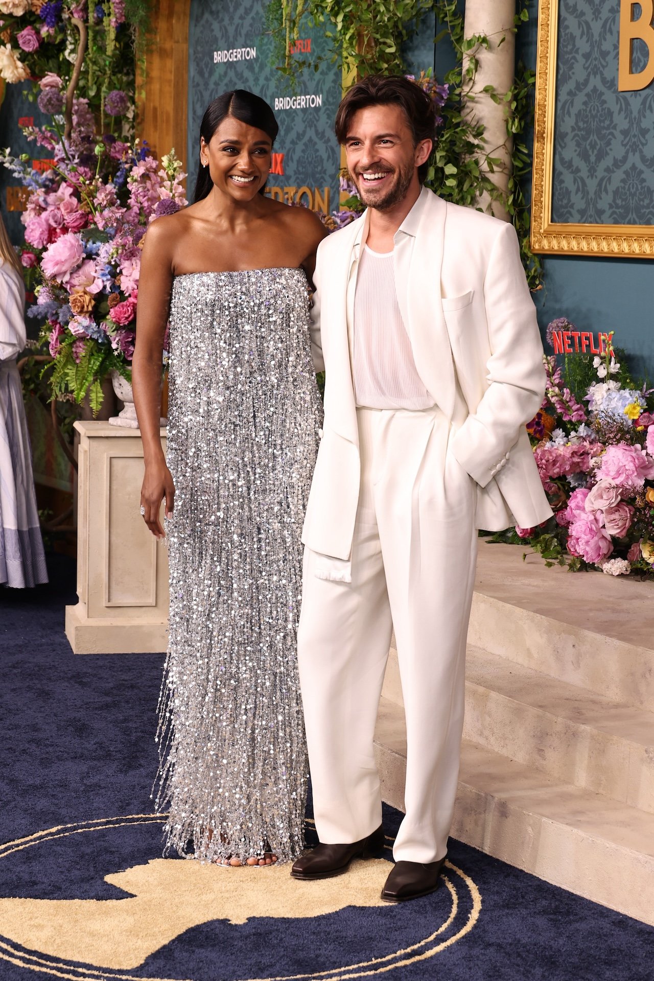 Simone Ashley and Jonathan Bailey attend Netflix's "Bridgerton" Season 3 World Premiere