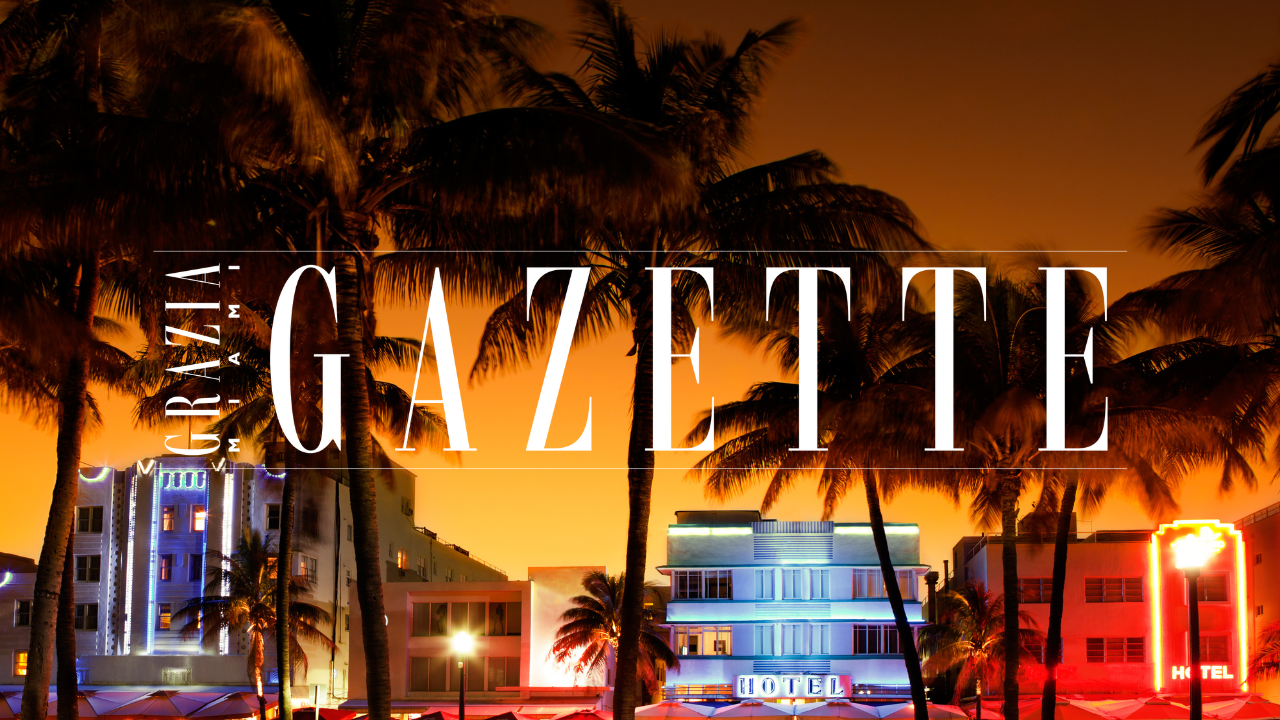 View of art deco hotels and restaurants on Ocean Drive, South Beach, Miami, Florida during sunset