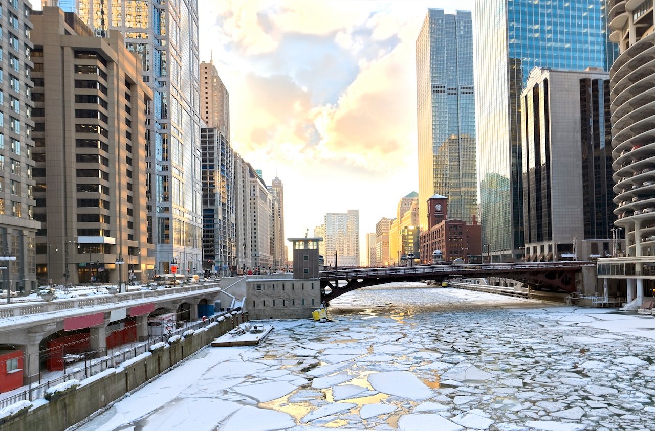 Winter in Chicago at Sunset