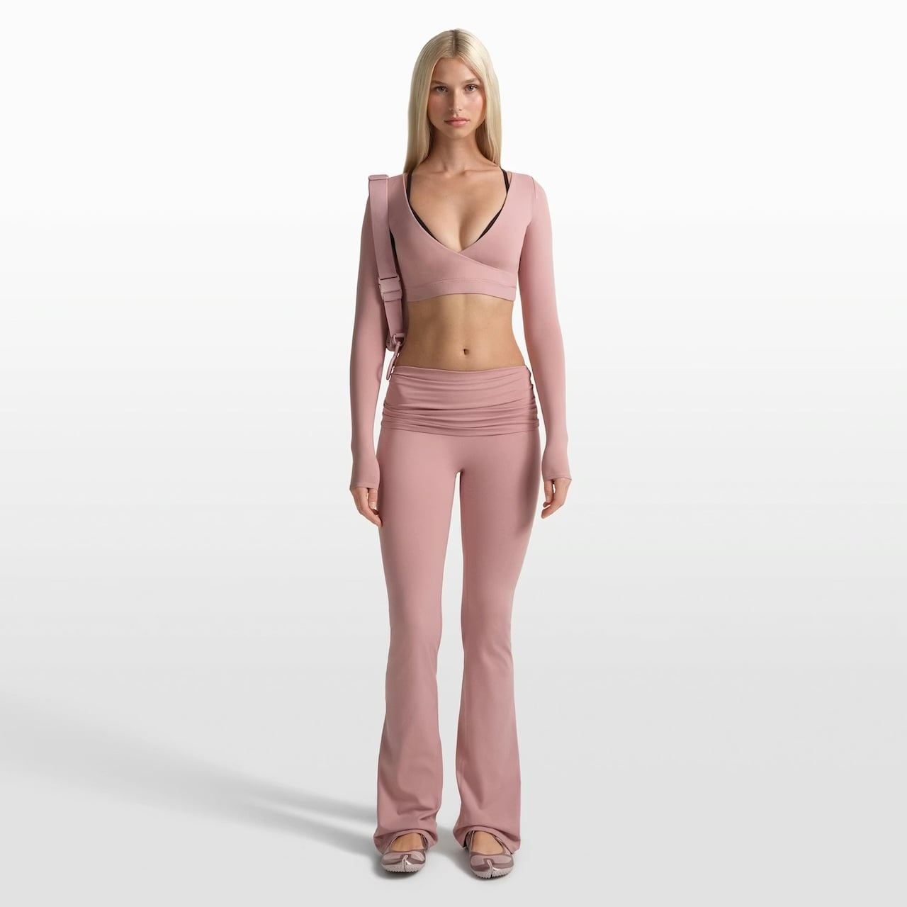 NikeSKIMS Matte Wrap Long Sleeve Cropped Top & Foldover Slim Flare Legging