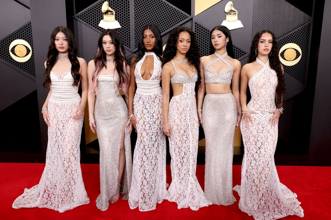 LOS ANGELES, CALIFORNIA - FEBRUARY 01: (L-R) Yoonchae Jeung, Megan Skiendiel, Lara Raj, Manon Bannerman, Sophia Laforteza, and Daniela Avanzini of Katseye attend the 68th GRAMMY Awards on February 01, 2026 in Los Angeles, California. (Photo by John Shearer/Getty Images for The Recording Academy)