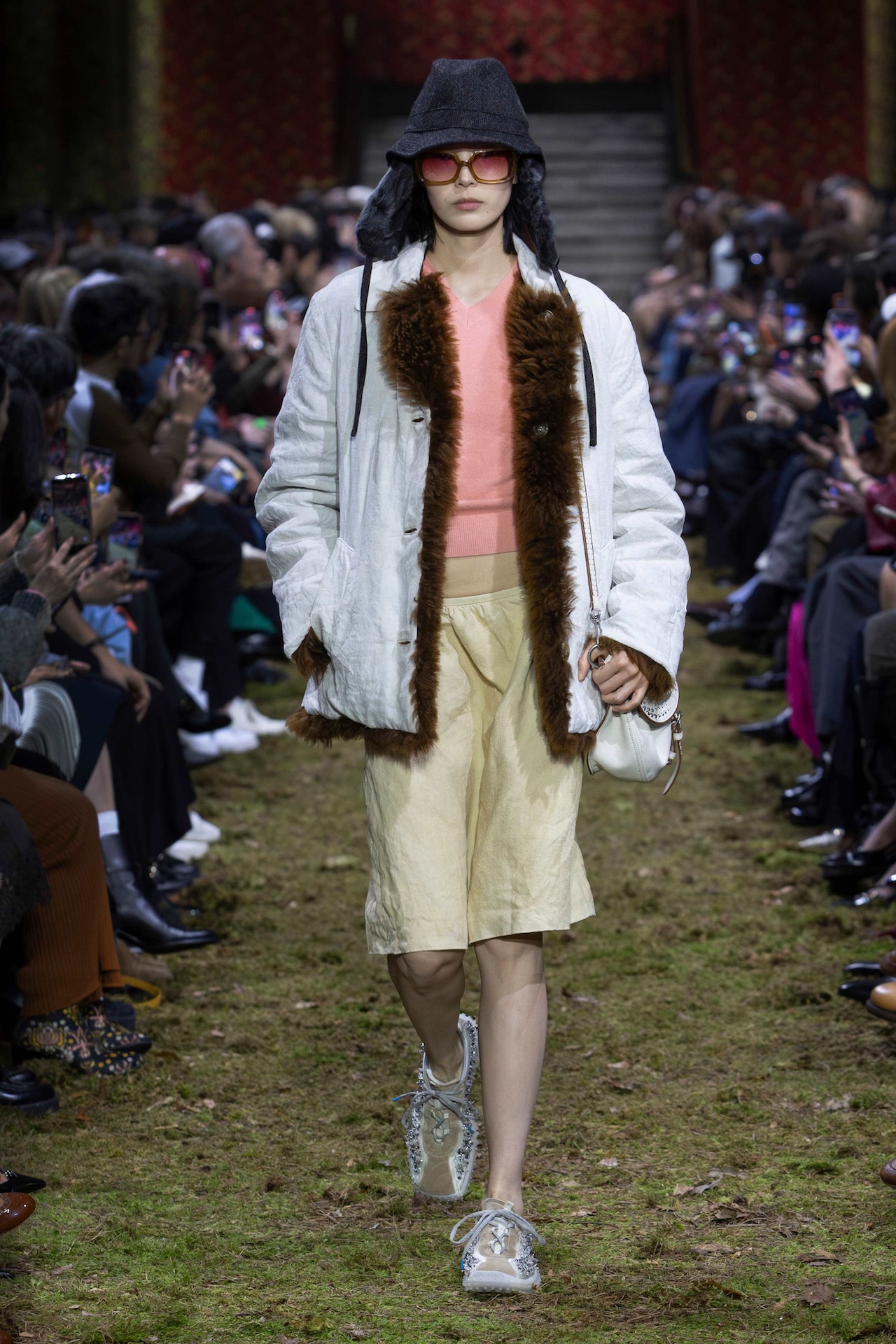 Xiao Wen Ju walking in the Miu Miu Fall/Winter 2026 runway show at Paris Fashion Week; Photo courtesy of Miu Miu