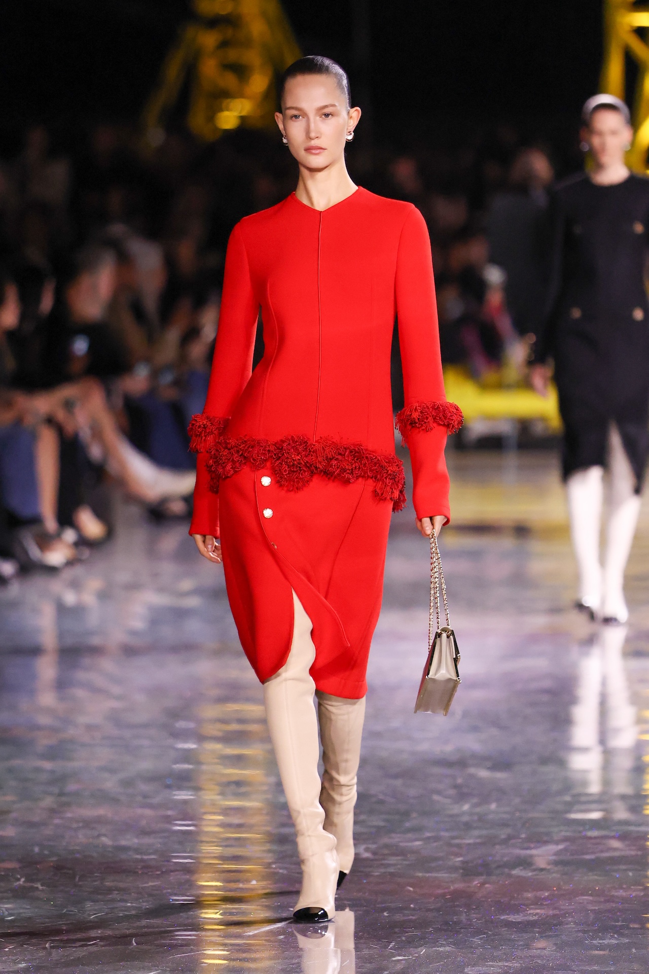 PARIS, FRANCE - MARCH 09: (EDITORIAL USE ONLY - For Non-Editorial use please seek approval from Fashion House) A model walks the runway during the Chanel Womenswear Fall/Winter 2026-2027 show as part of Paris Fashion Week on March 09, 2026 in Paris, France. (Photo by Stephane Cardinale - Corbis/Corbis via Getty Images)