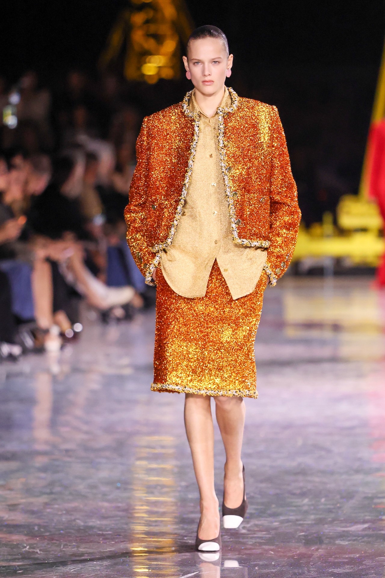 PARIS, FRANCE - MARCH 09: (EDITORIAL USE ONLY - For Non-Editorial use please seek approval from Fashion House) A model walks the runway during the Chanel Womenswear Fall/Winter 2026-2027 show as part of Paris Fashion Week on March 09, 2026 in Paris, France. (Photo by Stephane Cardinale - Corbis/Corbis via Getty Images)