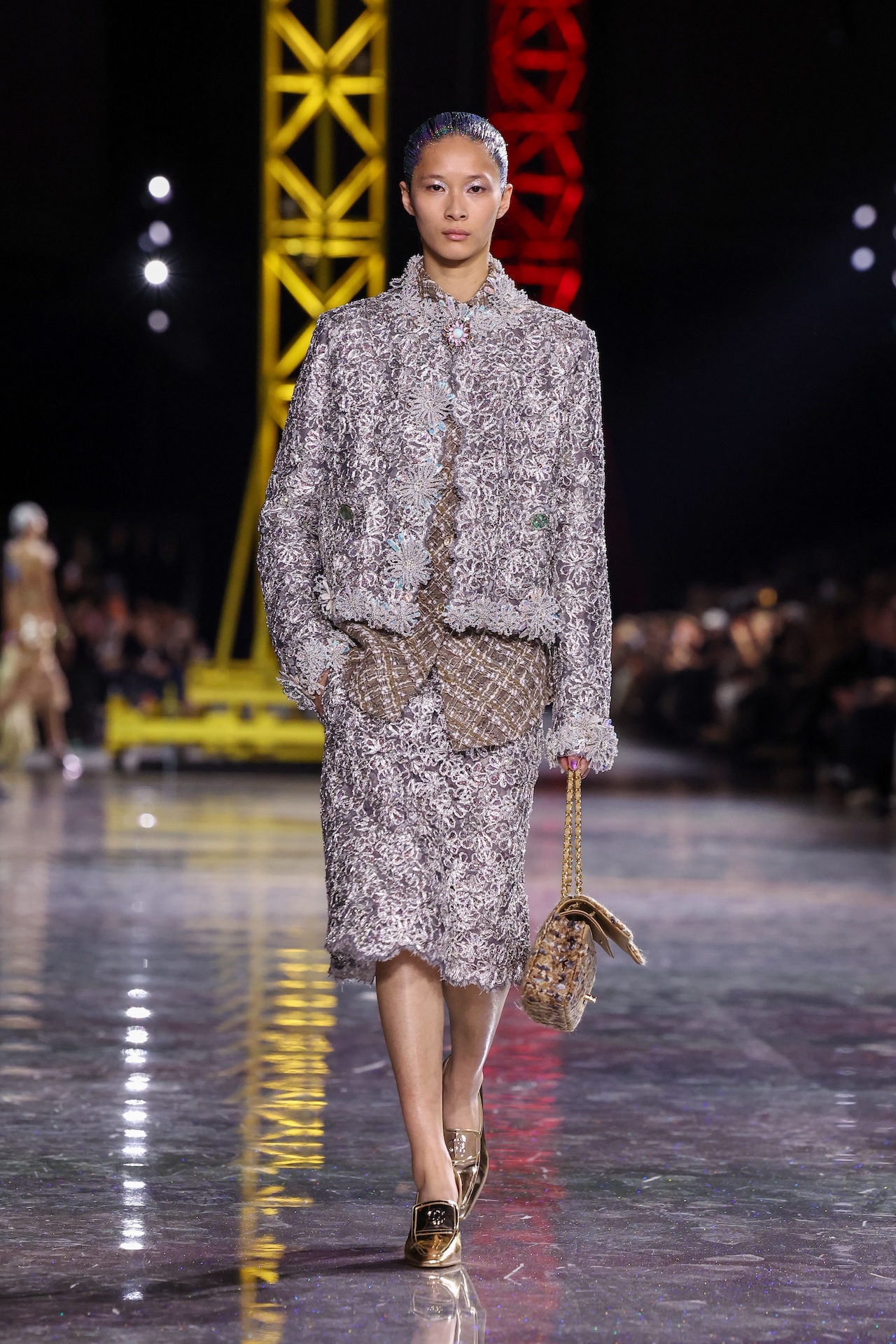 PARIS, FRANCE - MARCH 09: (EDITORIAL USE ONLY - For Non-Editorial use please seek approval from Fashion House) A model walks the runway during the Chanel Womenswear Fall/Winter 2026-2027 show as part of Paris Fashion Week on March 09, 2026 in Paris, France. (Photo by Peter White/Getty Images)