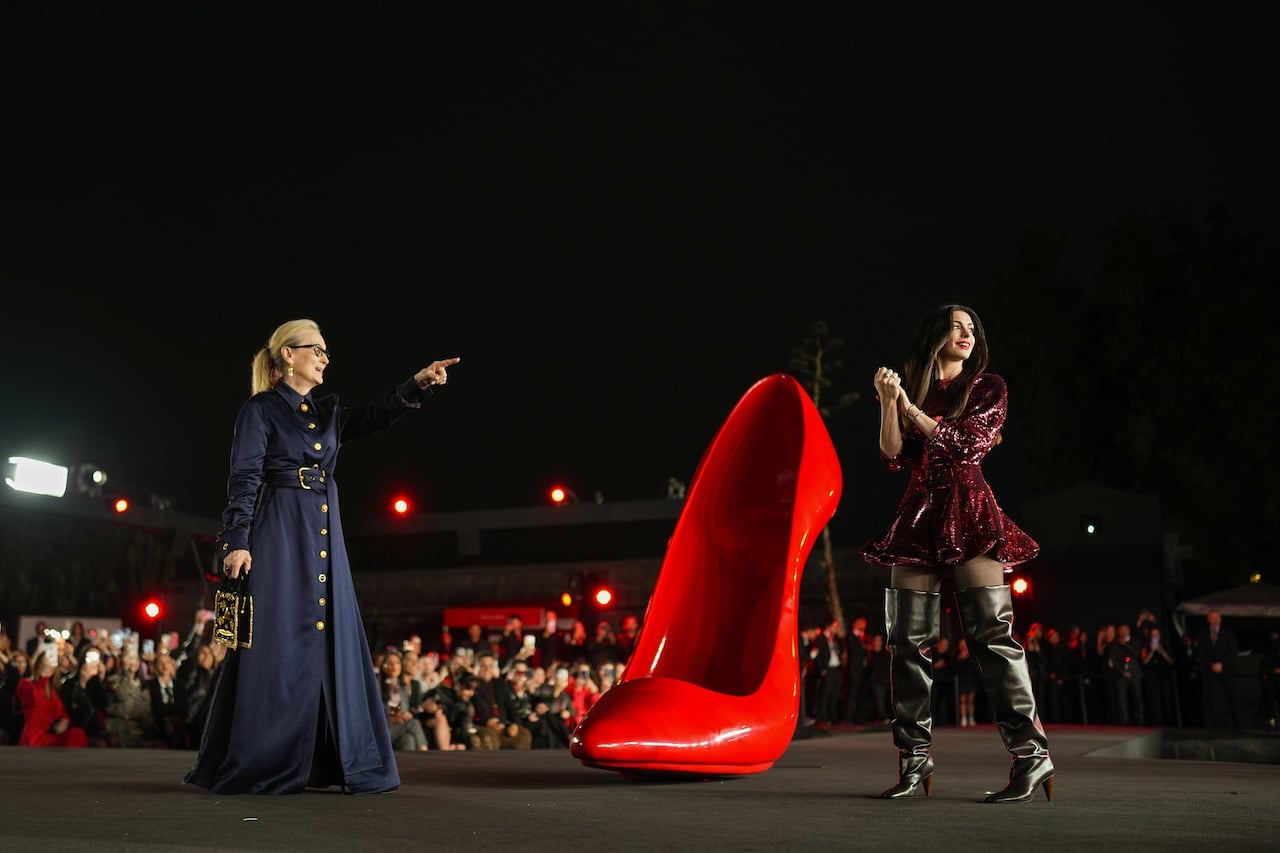 MEXICO CITY, MEXICO - MARCH 30: Anne Hathaway and Meryl Streep during the red carpet for the movie 'The Devil Wears Prada 2 at Anahuacalli Museum on March 30, 2026 in Mexico City, Mexico. (Photo by Cristopher Rogel Blanquet/Getty Images for Disney)
