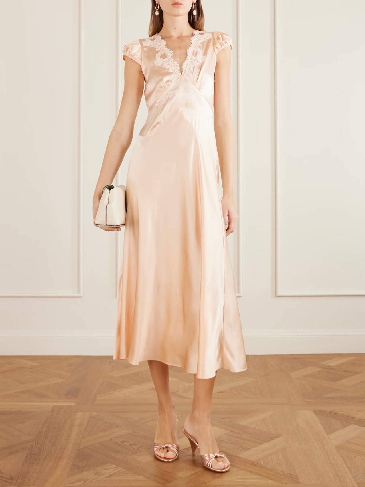 DÔEN CORALINE CORDED LACE-TRIMMED SILK-SATIN MIDI DRESS