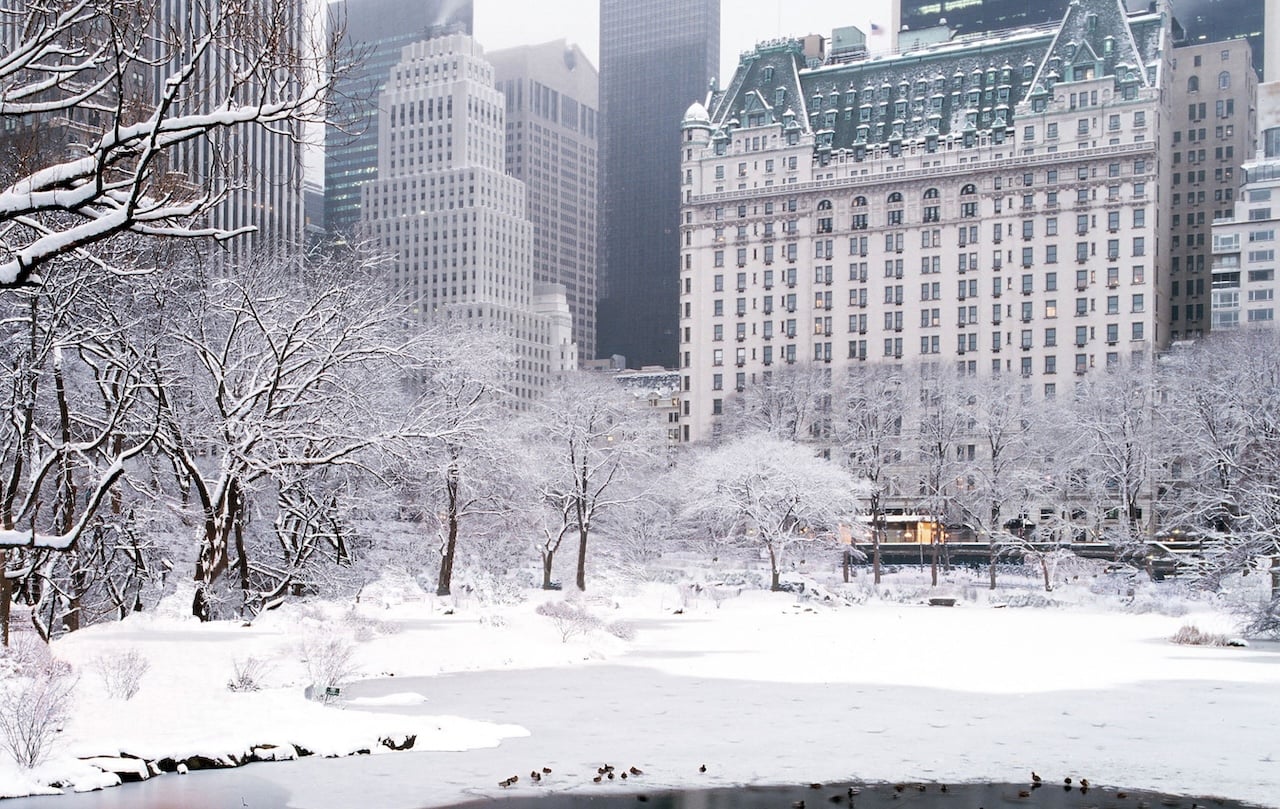The Plaza and Central Park covered in snow
