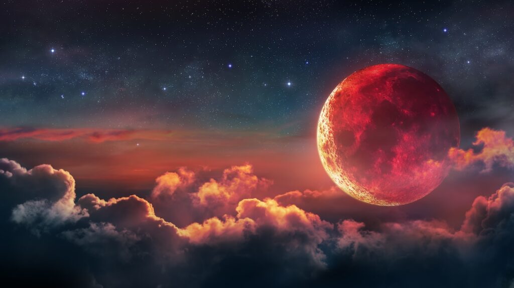 Eclipse - Bloody Moon With Red Surface In the Starry Night - Abstract Fantasy Background - stock photo