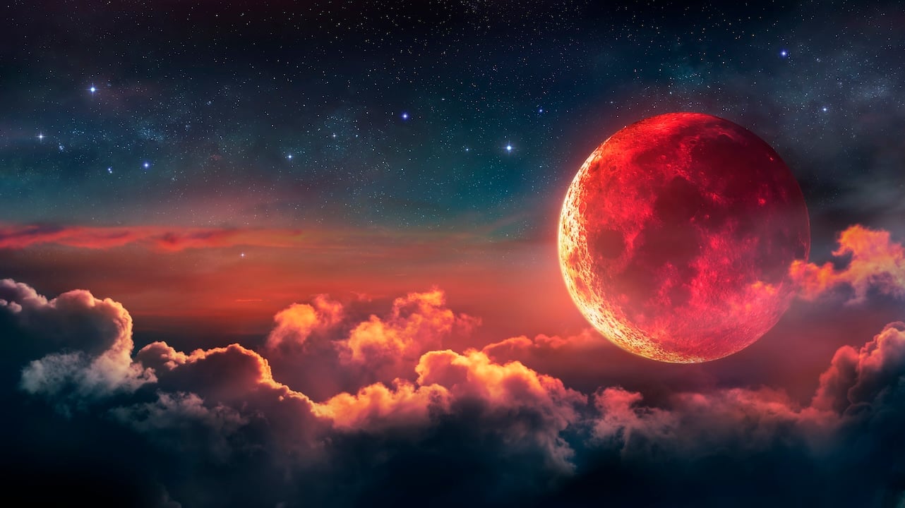 Eclipse - Bloody Moon With Red Surface In the Starry Night - Abstract Fantasy Background - stock photo