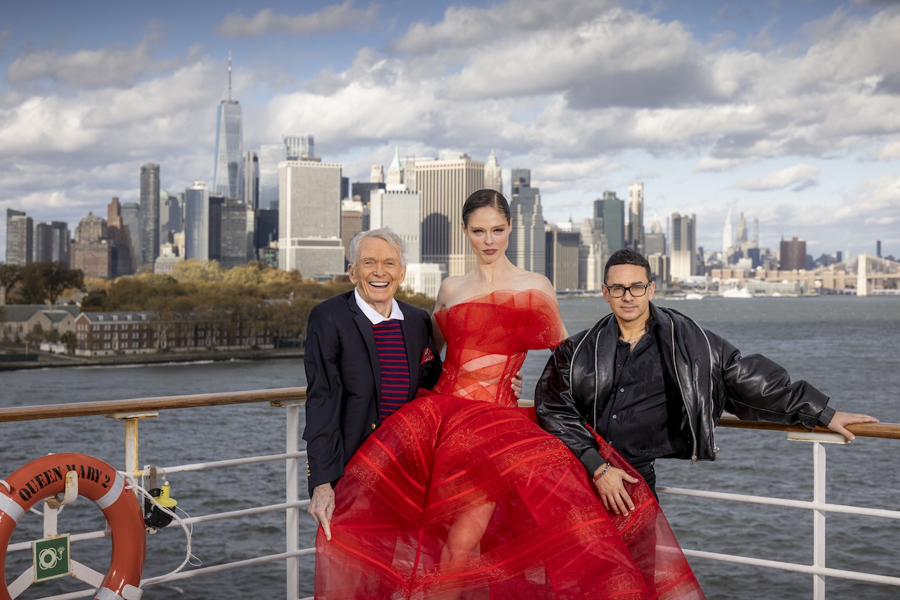 Pictured: Bob Mackie, Coco Rocha, and Christian Siriano aboard Queen Mary 2 during Transatlantic Fashion Week 2025, hosted by Cunard; Photo credit: Cunard