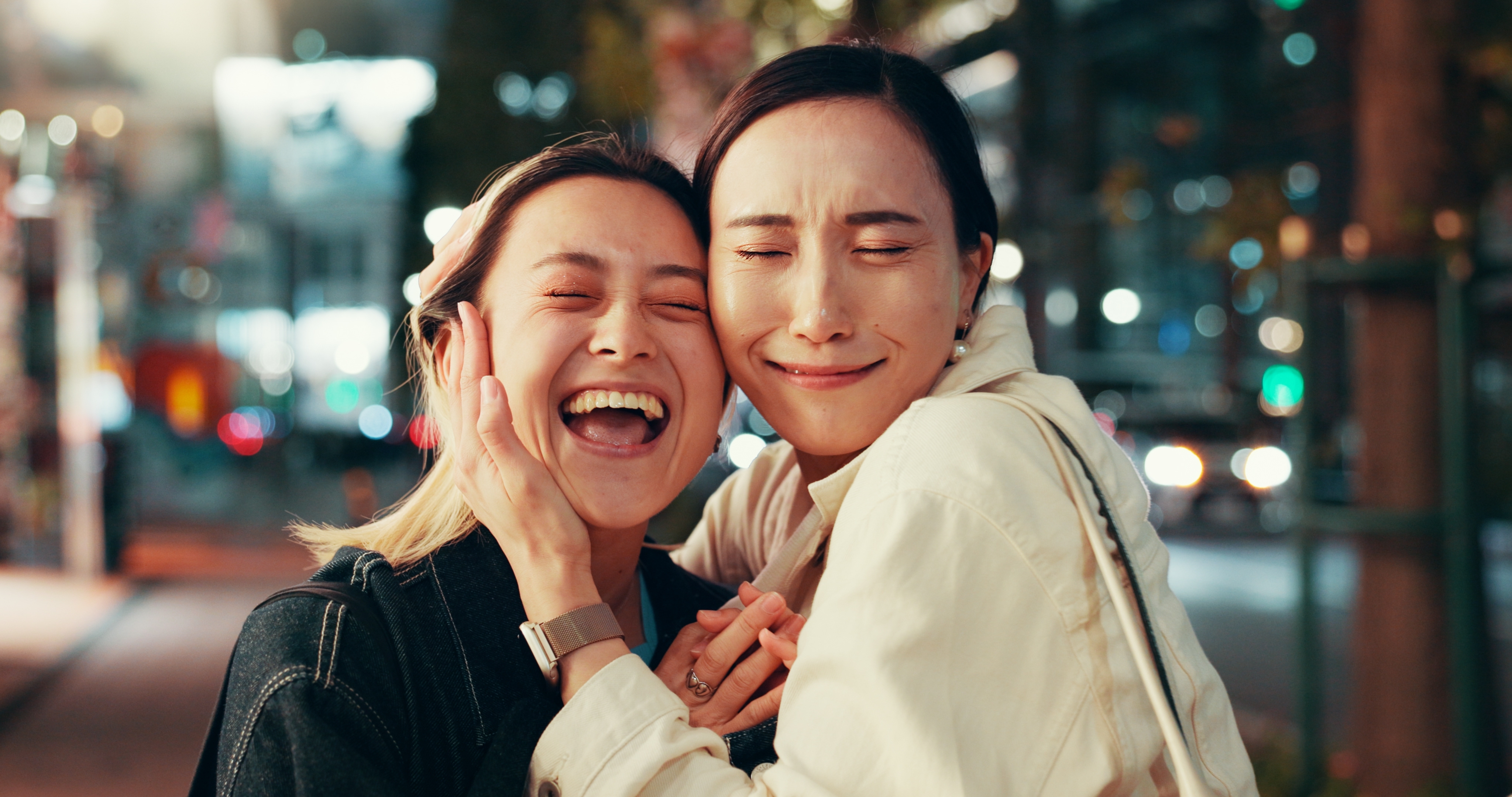 Happy,,Asian,Women,And,Night,With,Hug,For,Love,,Care