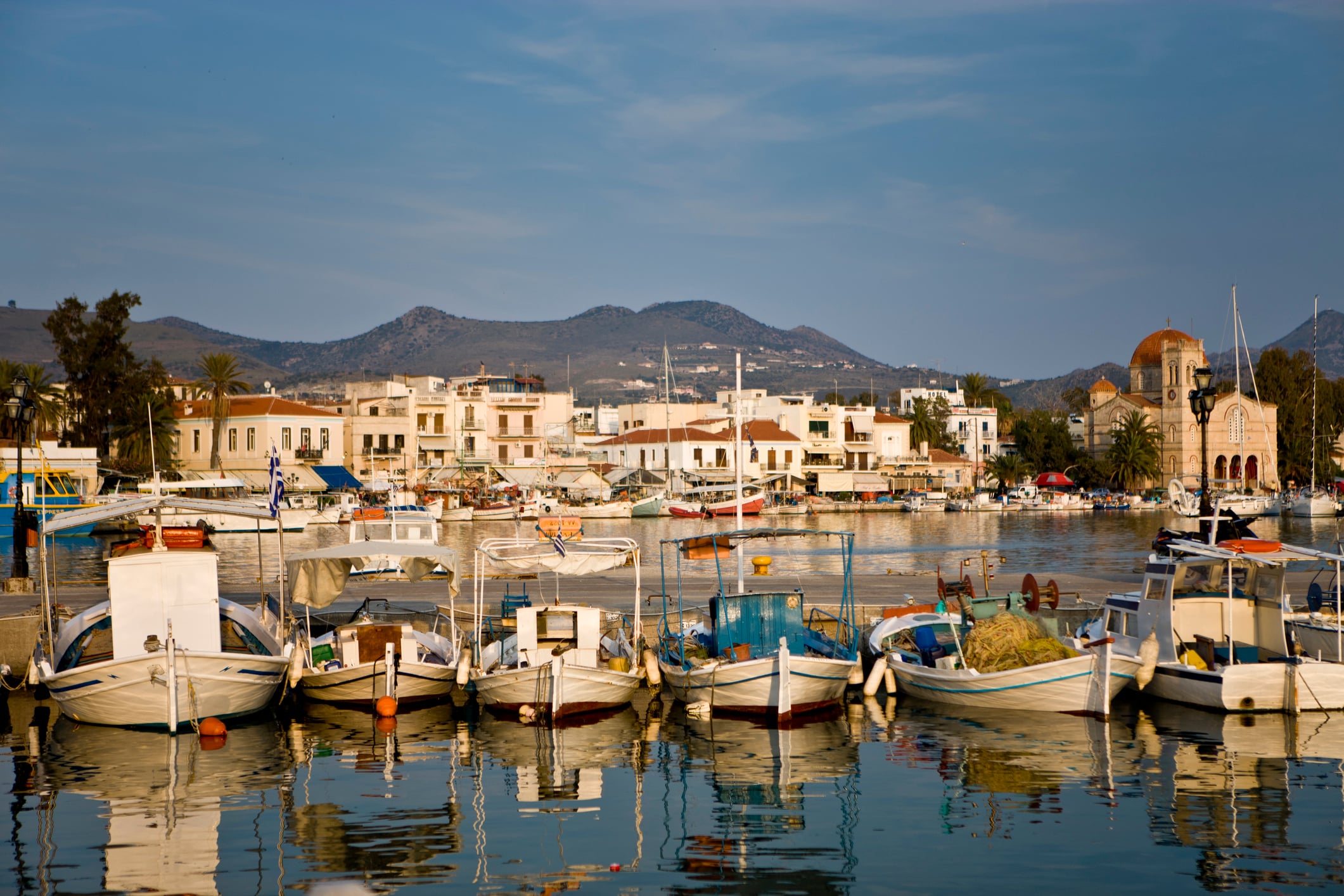 Traditional Greek fishing boats in Aegina, Greece.
