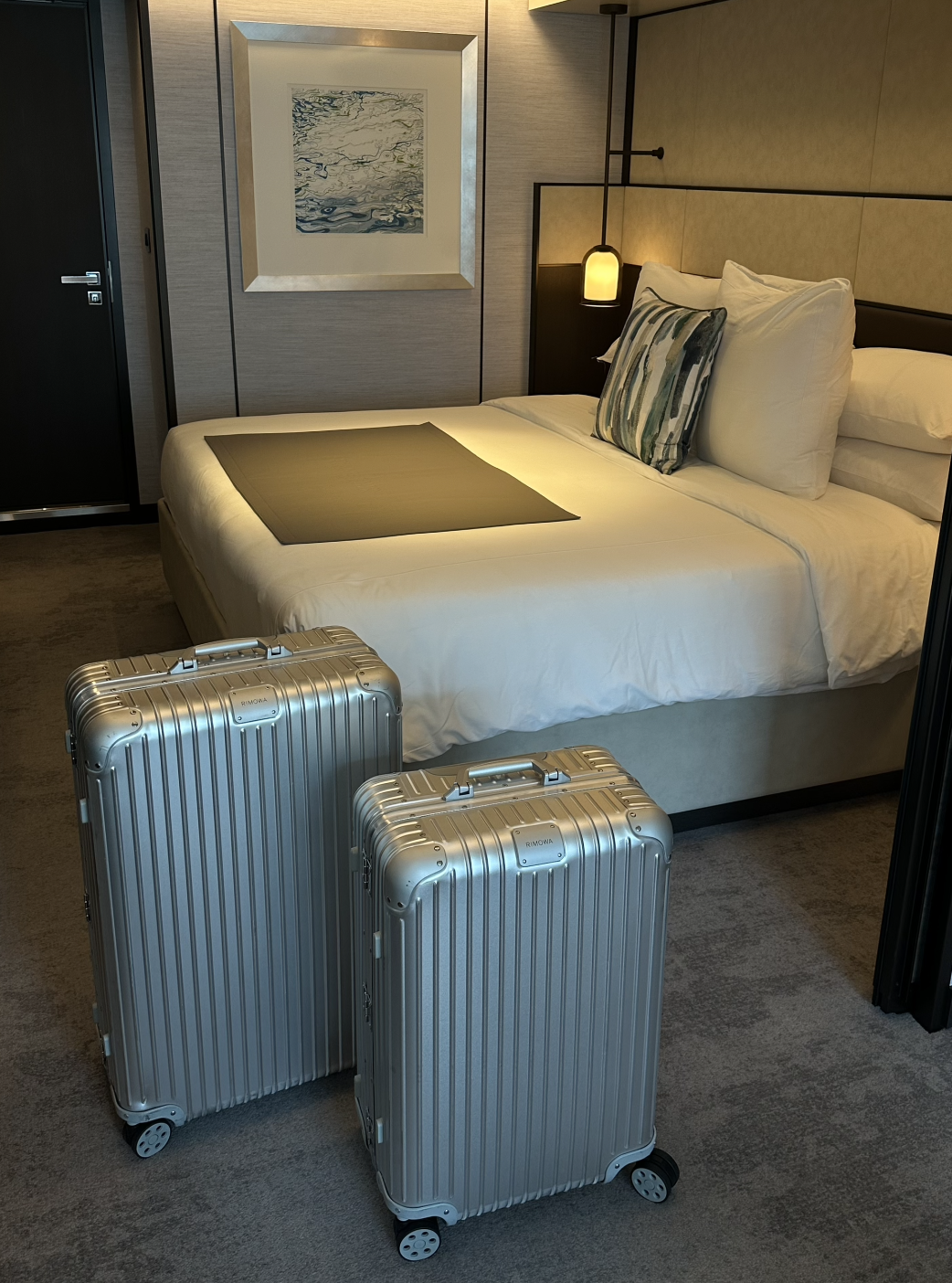 My suite aboard Luminara with RIMOWA luggage; photo by David Evan Ruff.
