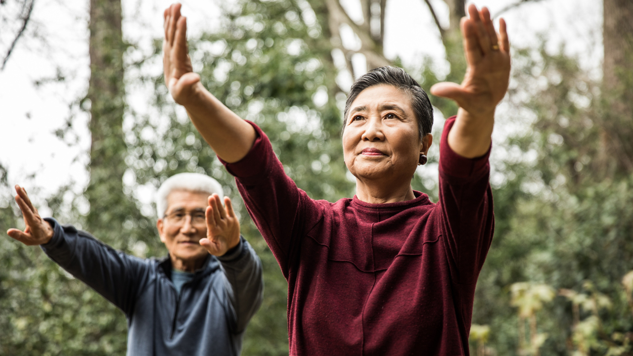 Elderly couple doing tai chi