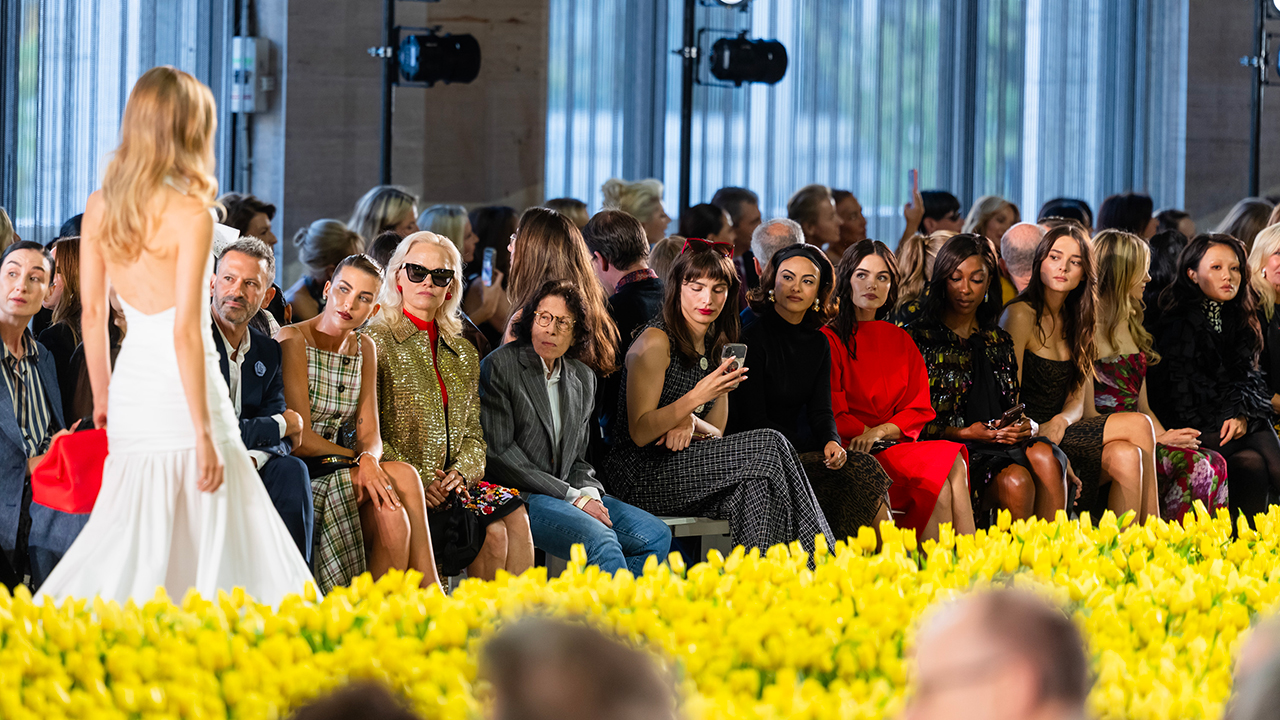 NEW YORK, NEW YORK - SEPTEMBER 14: (L-R) Paul Arnhold, Paige Paul, Pamela Anderson, Fran Lebowitz, Lux Pascal, Camila Mendes, Lucy Hale, Ego Nwodim, Charlotte Lawrence, Natalia Dyer and Rei Ami attend the Carolina Herrera fashion show during New York Fashion Week: The Shows at David Koch Theater at Lincoln Center on September 14, 2026 in New York City. (Photo by TheStewartofNY/Getty Images)