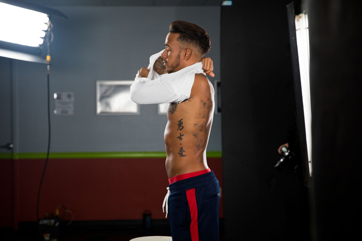Lewis Hamilton shooting the Tommy Hilfiger Men’s Spring 2018 campaign. 