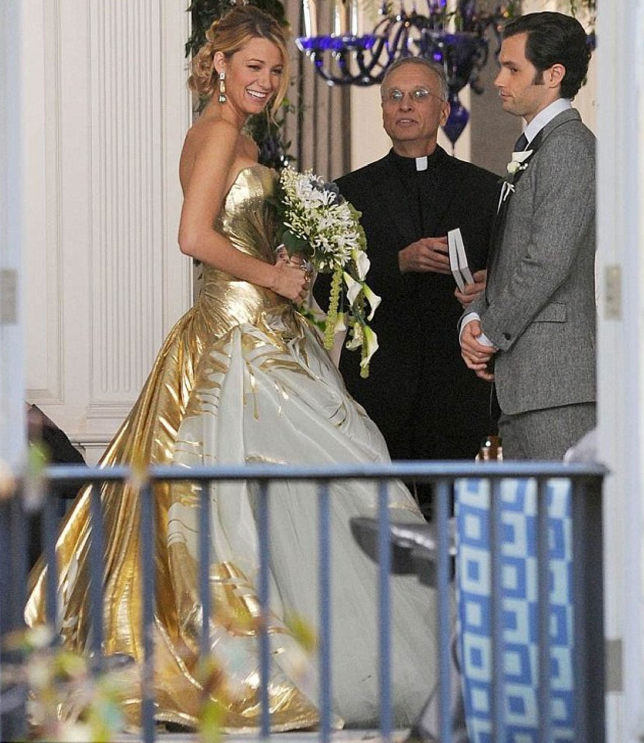 Blake Lively, as bride Serena van der Woodsen, wore gold couture for the we...