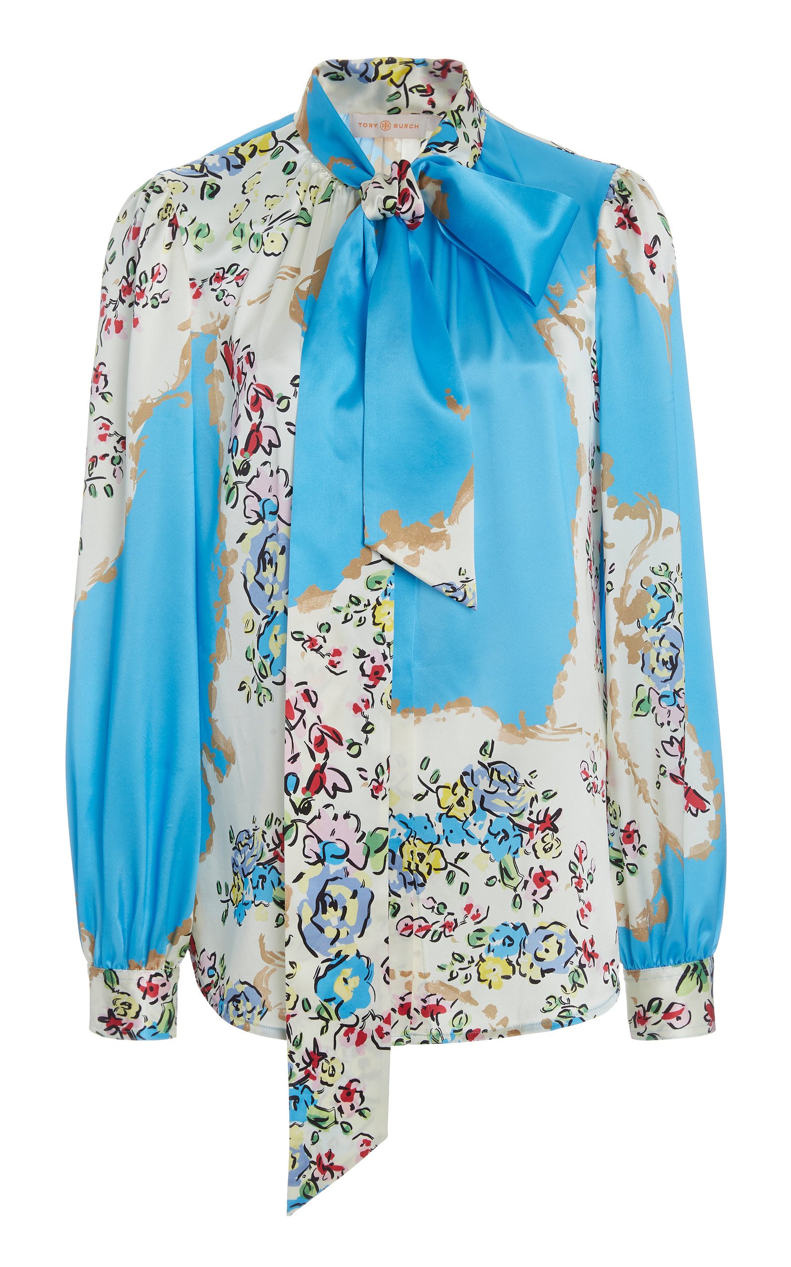 large_tory-burch-blue-printed-satin-bow-blouse - Grazia