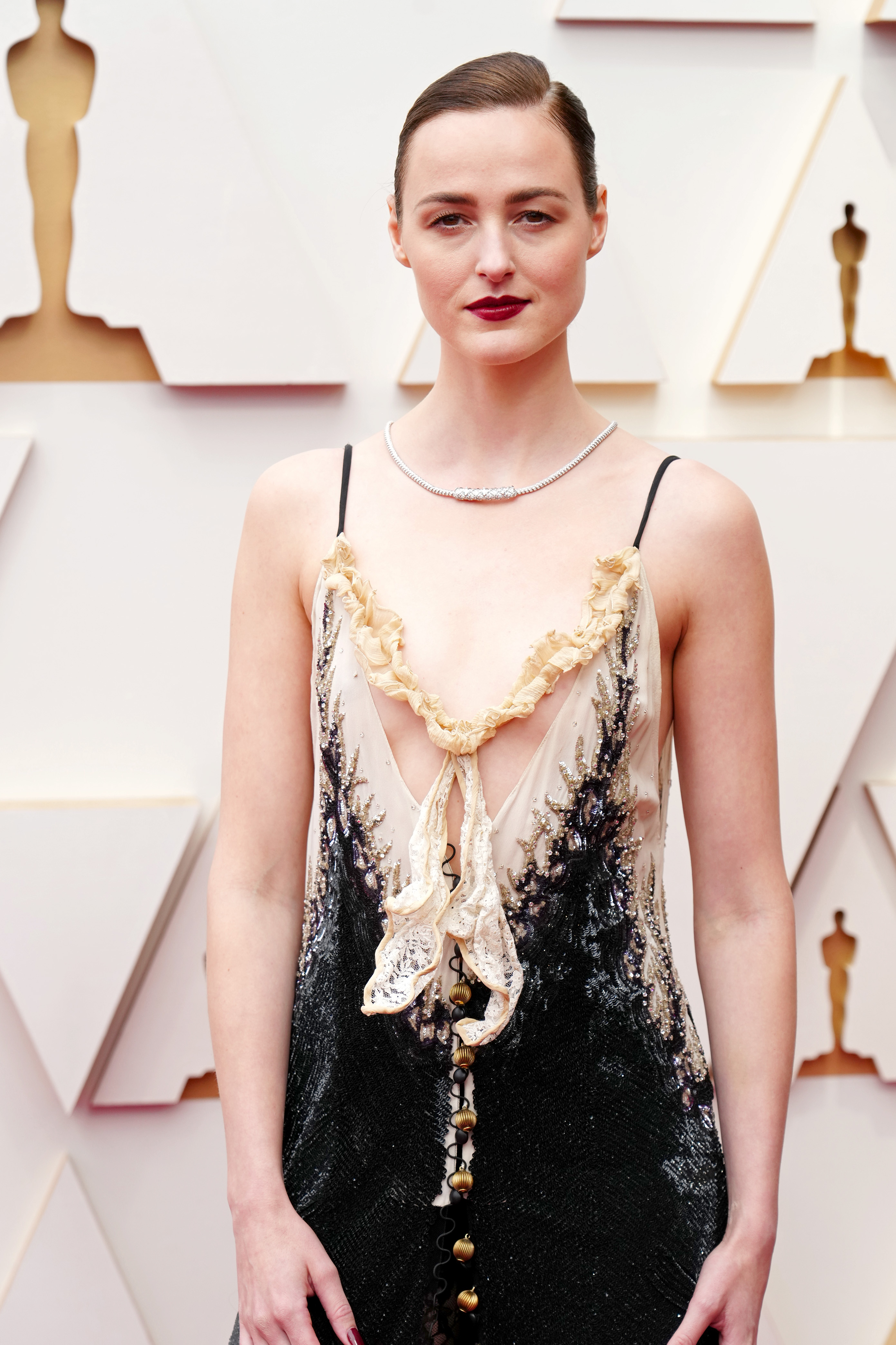 Louis Vuitton Embroidered Velvet Dress worn by Renate Reinsve on the Oscars  Red Carpet on March 27, 2022