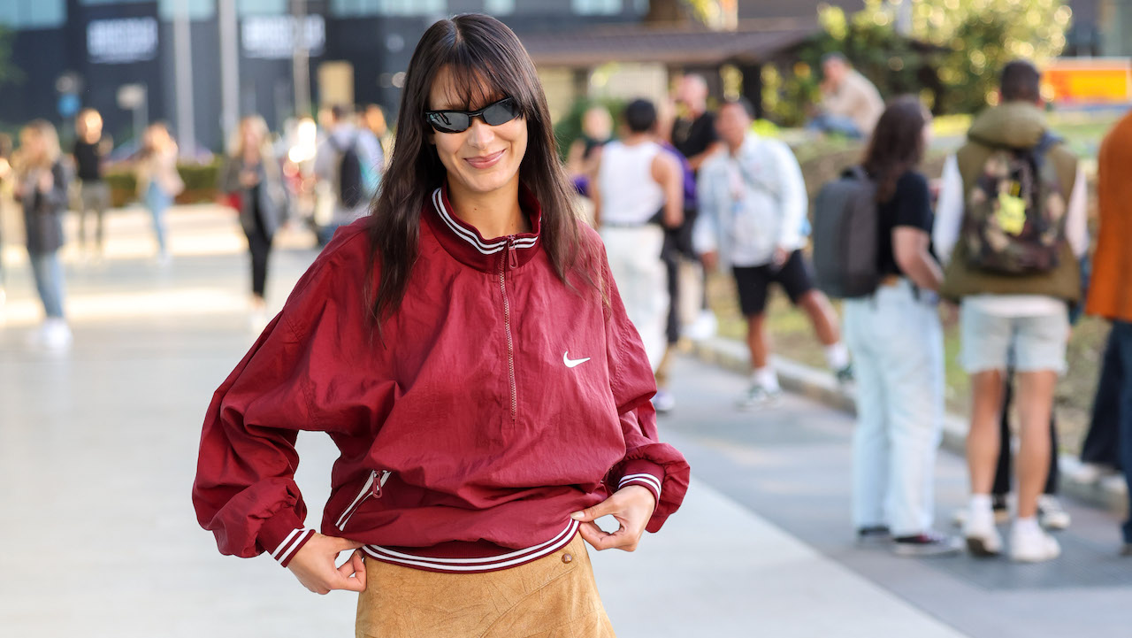 Bella Hadid's Sporty Look Includes a Khaki Skirt and Oversized