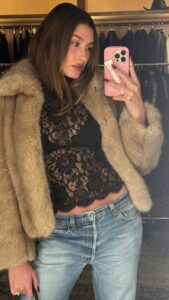 Hailey-Bieber-Fur-Coat-Lace-Shirt
